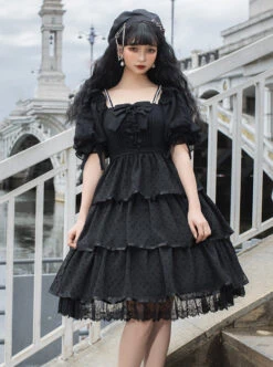 Sicily Series OP Three-section Hem Vintage Elegant Black Chiffon Classic Lolita Short Sleeve Dress -NAUS Lolita Shop 1 500x672 393