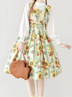 Forest Basket Series Retro Pastoral Grace Yellow Green Sunflower Stripe Print Classic Lolita Sleeveless Dress JSK -NAUS Lolita Shop 1 500x672 407