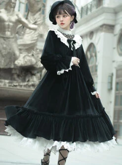 Tenderness Champs Elysees Series OP Elegant Velvet Classic Lolita Long Sleeve Dress -NAUS Lolita Shop 1 500x672 417