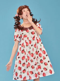 Chocolate Strawberry Lapel High Waist Classic Lolita Short Sleeve Dress -NAUS Lolita Shop 1 500x672 418