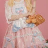 Jennie Bear Diary Series Cute Sweet Pink Ruched Lace Bow Trim White Polka Dots Bear Doll Shape Apron Classic Lolita Short Sleeve Dress
