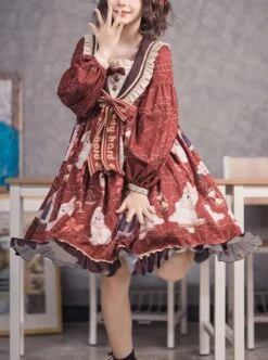 Exam Rabbit Series Red Festival Cute Bunny Print Spring Autumn Classic Lolita Long Sleeve Dress -NAUS Lolita Shop 1 500x672 429