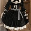 Black Elegant Winter Plush Two-Wear Cloak Lace Decorate Thick Velvet Classic Lolita Long Sleeve Dress Set