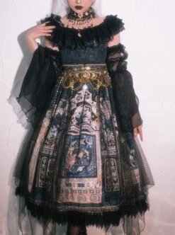 Egyptian Style Gorgeous Elegant Retro Black Cat Print Lace Round Neck Classic Lolita Sleeveless Dress Small Girdle Set -NAUS Lolita Shop 1 500x672 442