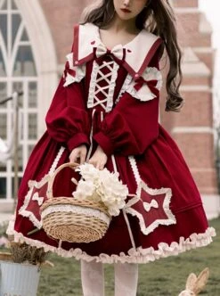 Red Pentagram Design Cute Big Lapel Neckline Bow Decoration Pleated Ruffle Trim Classic Lolita Long Sleeve Dress -NAUS Lolita Shop 1 500x672 450