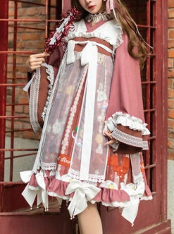 Chinese Style Chiffon Ruffled Pleats Sweet High Waist Tie RopePuppy Print Bow Knot Decoration Classic Lolita OP Dress Set -NAUS Lolita Shop 1 500x672 451