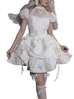 Butterfly Bone Series Pure White Dark Pattern Jacquard Texture Ruffles Embroidered Butterfly Lace Classic Lolita Puff Sleeves Dress OP -NAUS Lolita Shop 1 500x672 453