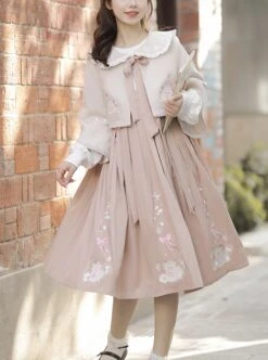 Little Sheep Series Pink Doll Collar Embroidered Chinese Elements Pleated Hem Classic Lolita Autumn Winter Long Sleeves Dress Set -NAUS Lolita Shop 1 500x672 461
