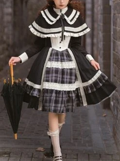 White Night Notes Series French Romance Retro Black Hollow Plaid Pattern Classic Lolita Puff Sleeves Dress Knitted Cape Set -NAUS Lolita Shop 1 500x672 465