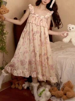 Sleepy Bear Series Apricot Small Flying Sleeve Ruffle Ribbon Suspender Nightdress Loose Sweet Lolita Dress -NAUS Lolita Shop 1 500x672 467