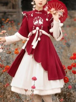 Winter Strawberry Rabbit Series Chinese Style Improved Embroidery Tassel Autumn Winter White Skirt Classic Lolita Long-Sleeved Dress Set -NAUS Lolita Shop 1 500x672 472