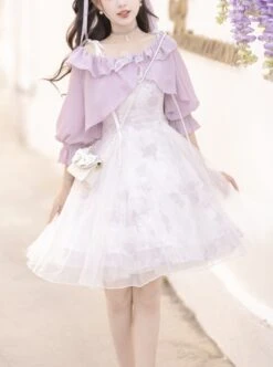 Daily Elegant Girl Purple Lantern Sleeve Short Coat Rose Print Slim Fit Classic Lolita Sleeveless Dress Set -NAUS Lolita Shop 1 500x672 477