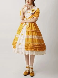 Sunflower Lapel Youthful Sunny Pastoral Style Fresh Cute Bowknot Lace Ruffles Classic Lolita Short Sleeves Dress -NAUS Lolita Shop 1 500x672 484