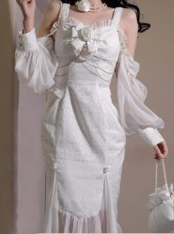 Camellia Series JSK Chinese Style White Exquisite Jacquard Embroidered Cheongsam Beaded Decoration Classic Lolita Sleeveless Dress Set -NAUS Lolita Shop 1 500x672 505