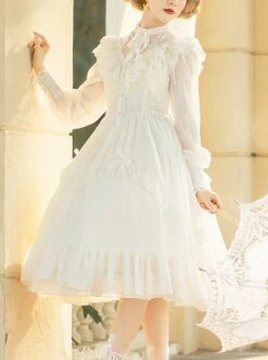 La Traviata Series French Elegant Solid Color Retro Lace Translucent Stand Collar Classic Lolita Long-Sleeved Dress -NAUS Lolita Shop 1 500x672 506