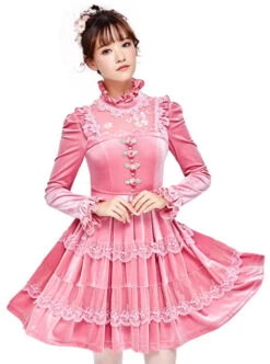 Pink Thickened Flounce Classic Lolita Long Sleeve Dress -NAUS Lolita Shop 1 500x672 511