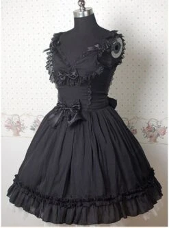 Black Sleeveless V-neck Frills Bow Lolita Dress