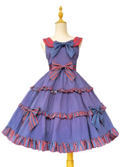 Britney Series Red And Blue Striped Pleated Lace Trim Square Neckline Design Polka Dot Bow Knots Classic Lolita Sleeveless Dress -NAUS Lolita Shop 1 500x672 524