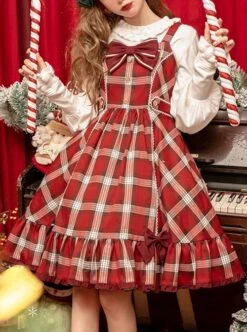 Christmas Eve's Carol Series Red Plaid Sweet Red Bow Simple A-Line Skirt Christmas Classic Lolita Sleeveless Dress -NAUS Lolita Shop 1 500x672 53