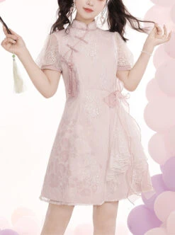 Pink Jacquard Embroidery Chinese Style Improved Cheongsam Jacquard Lace Bow Knot Stand Collar Plate Buckle Tassel Decoration Classic Lolita Dress -NAUS Lolita Shop 1 500x672 532