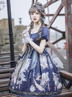 Distant Bells Series OP High Waist Classic Lolita Short Sleeve Dress -NAUS Lolita Shop 1 500x672 538