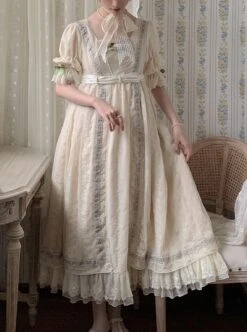 Sally Garden Series Daily Imperial Style Square Neckline High Waist Lotus Short Sleeves Small Floral Embroidery Long Dress OP -NAUS Lolita Shop 1 500x672 539