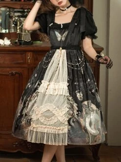 Butterfly Mankong Series Elegant Generous Collar The Clock Butterfly Print Polka Dot Mesh Open Placket Classic Lolita Short-Sleeved Dress -NAUS Lolita Shop 1 500x672 552