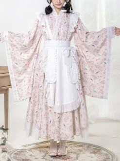Hanamachi Chronicles Series Japanese Style Pink Kimono Elements Maid Garden Rabbit Printed Classic Lolita Apron Dress Set -NAUS Lolita Shop 1 500x672 555