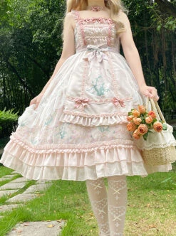 Classic Lolita Lily Of The Valley Flower Print Decoration Ruched Ruffled Hem Lace Bow Knot Slip Dress -NAUS Lolita Shop 1 500x672 561