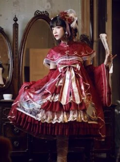 Chinoiserie Vintage Gorgeous Print Bow Lace Fringe Fake Collar Detachable Design Classic Lolita Sleeveless Dress -NAUS Lolita Shop 1 500x672 562