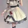 Meet Rose Series Lace Ribbon Bowknot Noble Elegant Satin Stylish Rose Embroidery Classic LolitaPuff Sleeve Dress