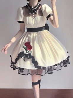 Meet Rose Series Lace Ribbon Bowknot Noble Elegant Satin Stylish Rose Embroidery Classic LolitaPuff Sleeve Dress