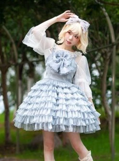 Multi-Layer Cake Skirt Series Gray Blue Simple Bowknot Decoration Daily Classic Lolita Sleeveless Dress -NAUS Lolita Shop 1 500x672 574