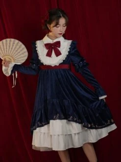 Blue Velvet Stand Collar Lace Red Bow-Knot Decorative Irregular Print Hem Frenulum Long Sleeves Classic Lolita Dress -NAUS Lolita Shop 1 500x672 575
