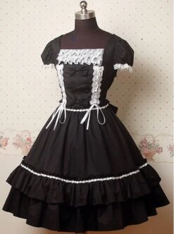 Black And White Puff Sleeves Bow Lolita Dress