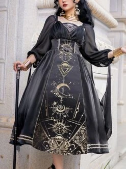 Horus' Nightmare Series Gorgeous Golden Print Black Ancient Egypt Exotic Classic Lolita Sleeveless Dress Set -NAUS Lolita Shop 1 500x672 587