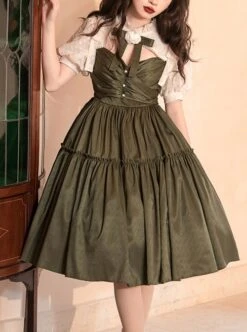 Love And Poetry Series Elegant Daily Fake Two Piece Puff Sleeve Stand Collar Cutout Design Classic Lolita Short Sleeve Dress -NAUS Lolita Shop 1 500x672 596