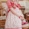 Ice Cherry Series Cherry Floral Print Pleated Mesh Personalized Square Neckline Bow Knots Classic Lolita Dress JSK Shirt Set