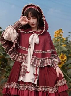 Little Red Riding Hood Series Pastoral Style Ruffled Collar Lantern Sleeve Plaid Print Hooded Cloak Classic Lolita Long-Sleeved Dress Set -NAUS Lolita Shop 1 500x672 599