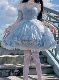 Blue Elegance Open Back Swan Castle Print Bow Lace Bead Chain Necklace Puff Hand Sleeve Classic Lolita Sleeveless Dress -NAUS Lolita Shop 1 500x672 606