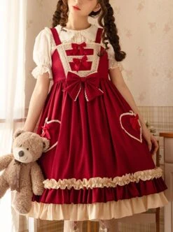 Hawthorn Milk Cover Series Red Cute Daily Lace Bow-Knot Love Heart Decoration Ruffle Hem Classic Lolita Sleeveless Dress -NAUS Lolita Shop 1 500x672 616