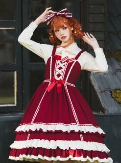 Miss Betty Series Red Vintage Court Bow Lace Ribbon Decorated Ruffle Hem Classic Lolita Sleeveless Dress -NAUS Lolita Shop 1 500x672 636