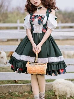 Kirino Forest Series Chinese Style Dark Green Northeast Big Flower Pastoral Style Classic Lolita Puff Sleeves Dress -NAUS Lolita Shop 1 500x672 637