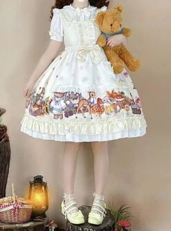 Forest Of Spring Series Cute Animal Pattern Folds Bow Knots Puffed Hem Classic Lolita Sling Dress Set -NAUS Lolita Shop 1 500x672 644