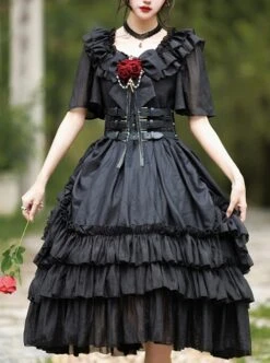 Rose Prayer Series Black Elegant French Backless Metal PU Leather Belt Classic Lolita Short Sleeve Dress -NAUS Lolita Shop 1 500x672 649