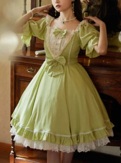 Classic Lolita Solid Color Vertical Pattern Design Pleated Ruffle Neckline Bow Knot Decoration Short Sleeve Dress -NAUS Lolita Shop 1 500x672 652