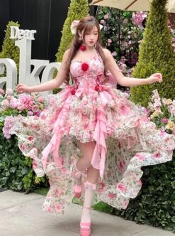 Rose Floral Print Stereoscopic Rose Bowknot Decoration Oversized Bowknot Trailing Design Backless Classic Lolita Sleeveless Dress -NAUS Lolita Shop 1 500x672 654