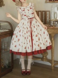 Rose Garden Series Small Flying Sleeves Ruffled Round Neck Red Tea Party Plate Print Berry Sweet Classic Lolita Dress -NAUS Lolita Shop 1 500x672 656