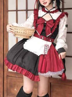 Chinese Style Stand Collar Hollow Black Red Asymmetric Hem Design Lace Puff Sleeves Bowknot Decoration Classic Lolita Long Sleeve Dress -NAUS Lolita Shop 1 500x672 657