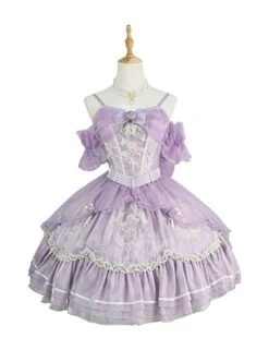 Ballet Elegant High Waist Irregular Hem Fit Flower Decorative Bownot Lace Embroidery Sweet Lolita Purple Sleeveless Dress Full Set -NAUS Lolita Shop 1 500x672 66